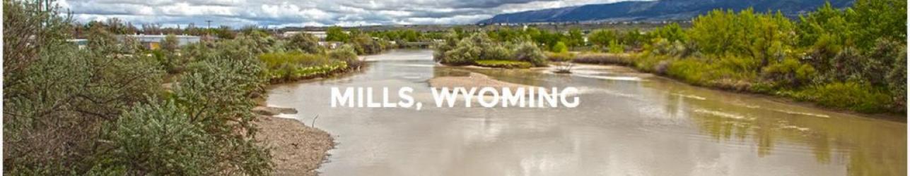 River view with text "Mills, Wyoming"